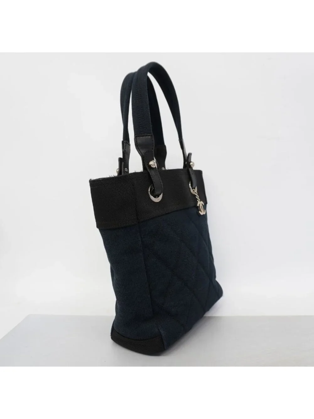 Chanel Tote Bag Paris Biarritz Canvas Navy Black Silver